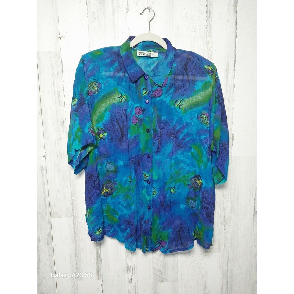 Vintage Kloz XL Blouse Blue Green Fish Print